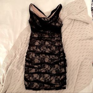 Express Design Studio Cocktail Dress. Black sheer lace over nude lining. Sz 4